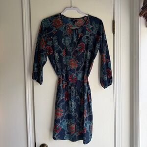 Gap Womens Floral Mini Dress Navy Blue Red 3/4 Sleeve Tie Neck Size Medium